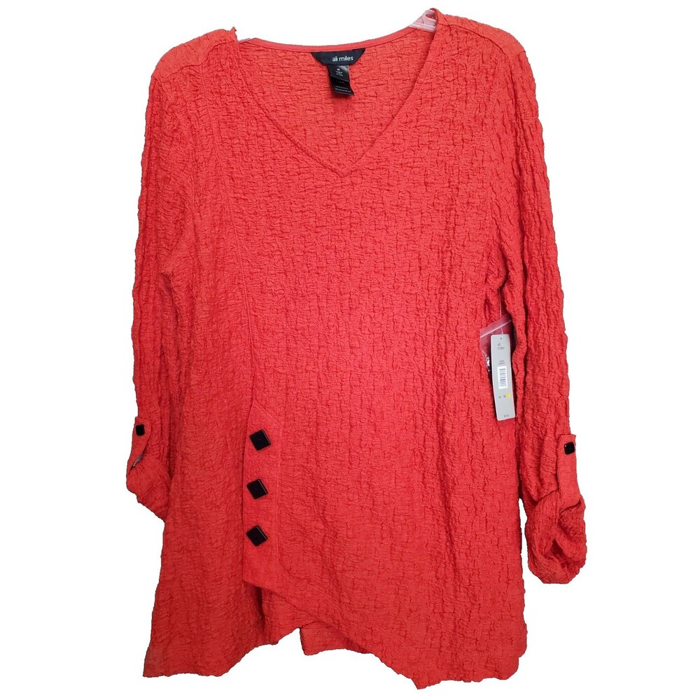 Ali Miles Orange Textured Crinkle V-Neck Tunic w/Button Accents Size M NWT